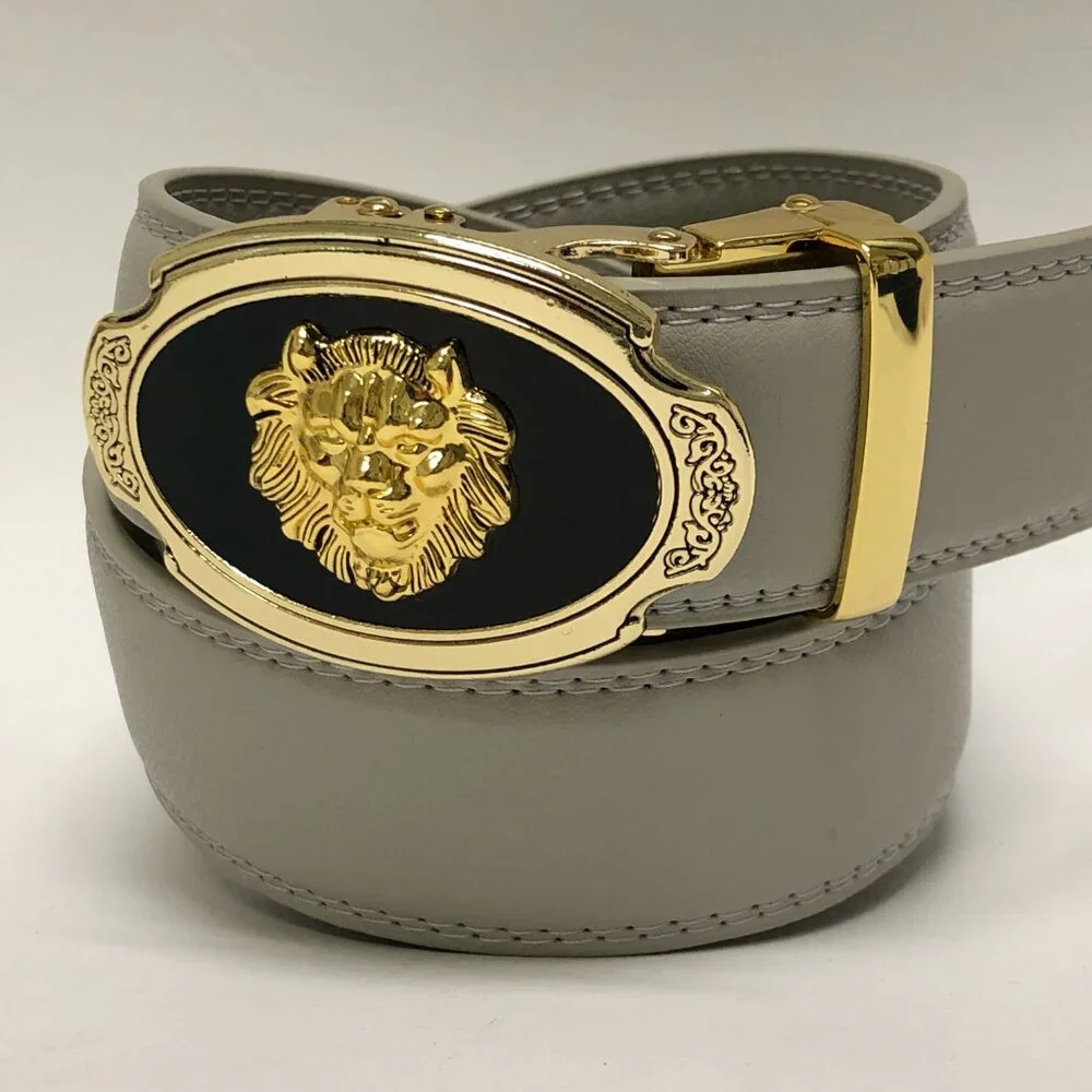 Gray Leather Belt Automatic Buckle Slide Belts No Hole Strep Ratchet Buck Unisex